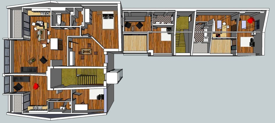 Grundriss-Visualisierung einer Maisonette-Wohnung im Seitenflügel